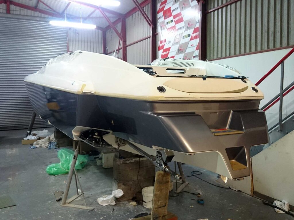 Sunseeker speedboat hull wrapped at Driver's Wharf near Southampton